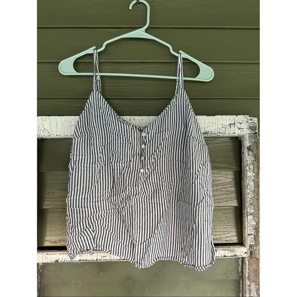 Old Navy Womens Large Gray White Striped Button Front Cami Spaghetti Strap Tank